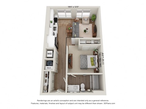 a stylized floor plan of a 1 bedroom floor plan
